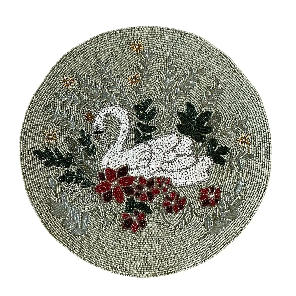 Tahari Beaded Swan Floral  Placemat Charger 15in Round Mossy Green New
